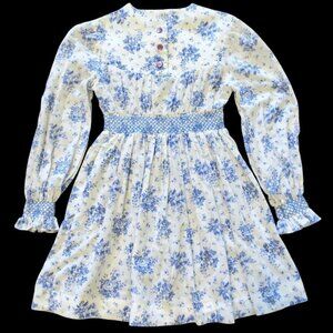 Cinderella Brand Dress Vintage 80s Blue White Toile Floral Long Sleeve Girl's 8